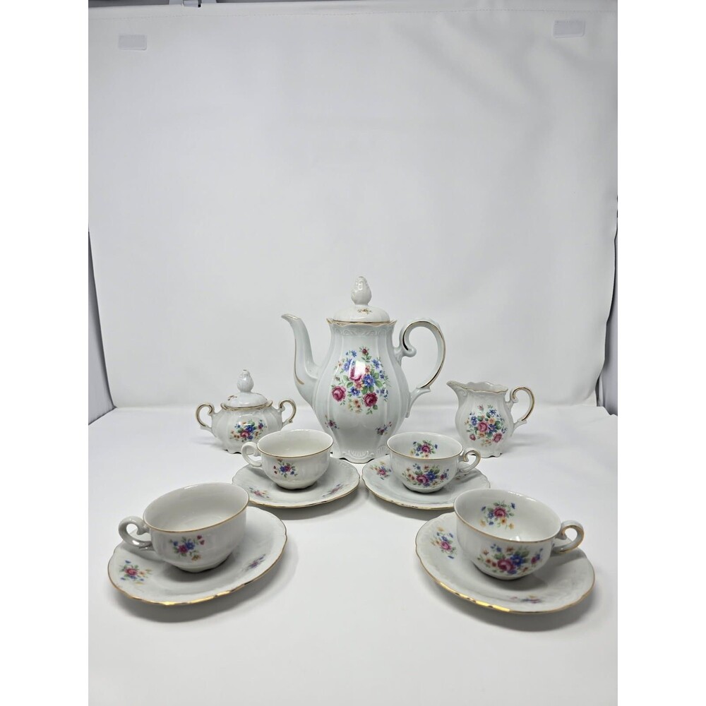 IJB Germany US Zone 13 Pc. Porcelain Tea Set Pink Blue Green Floral Gold Trim